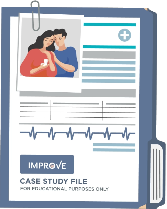 medical case study file with couple and heartbeat line
